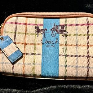 Coach Multicolor Plaid Wristlet with Blue Stripe